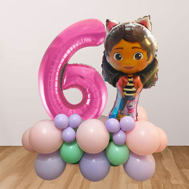 Gabby Doll House Number Balloon Cluster Stand in Pink Lilac Green