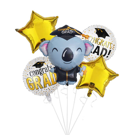 Graduation-themed balloons with a koala design and 'Congrats Grad' text on a white background.