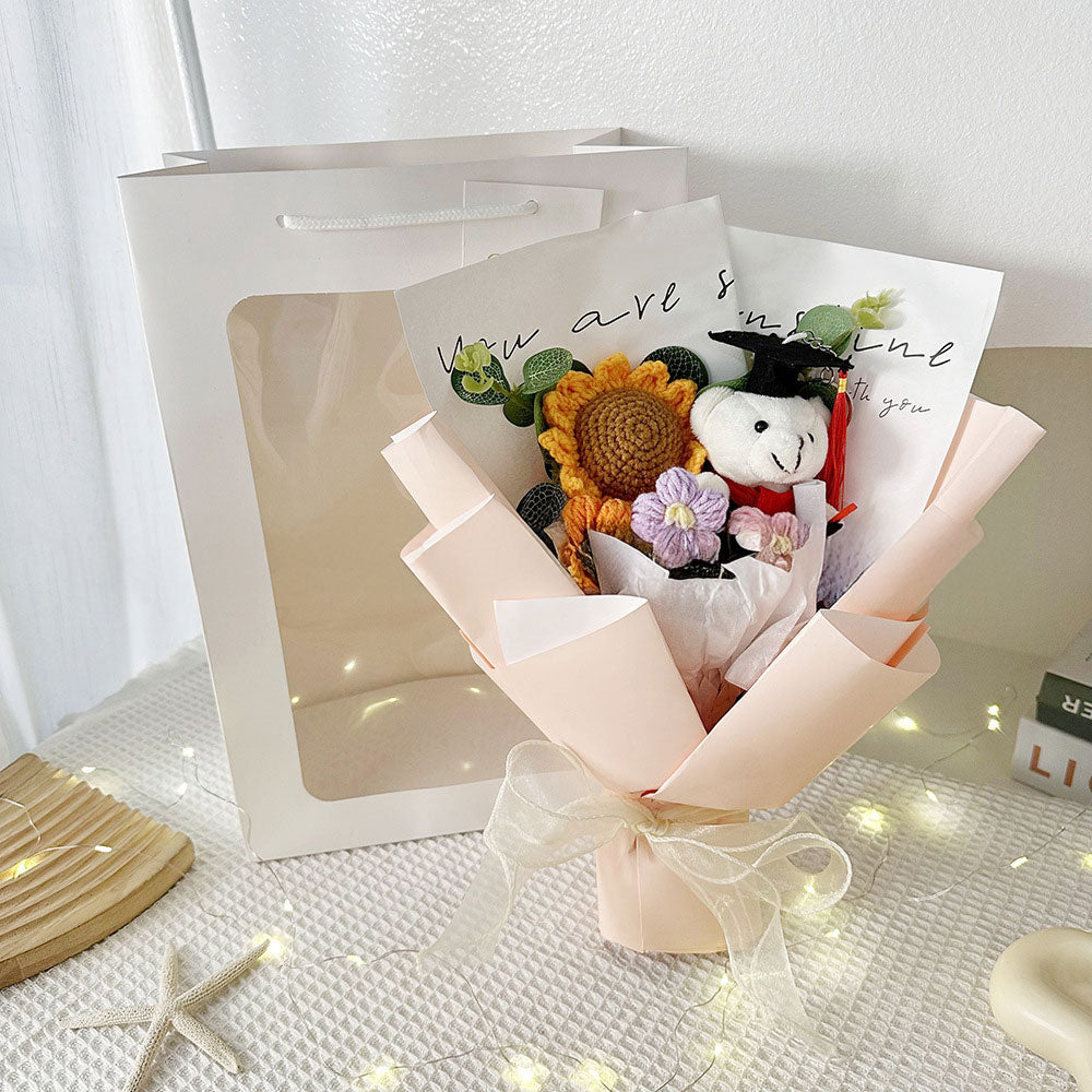 Graduation White Bear Knitted Flower Bouquet