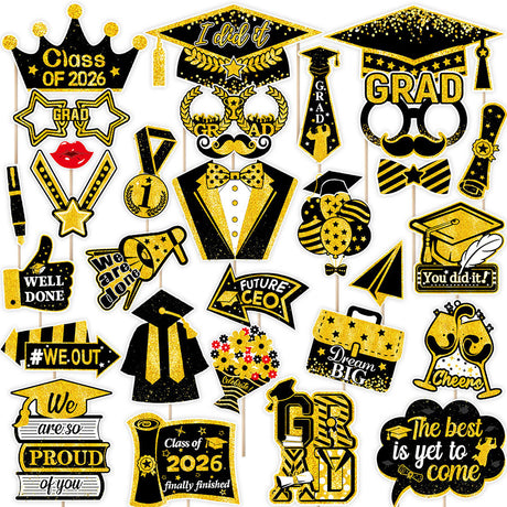 Collection of graduation-themed photo booth props with black and gold colors.