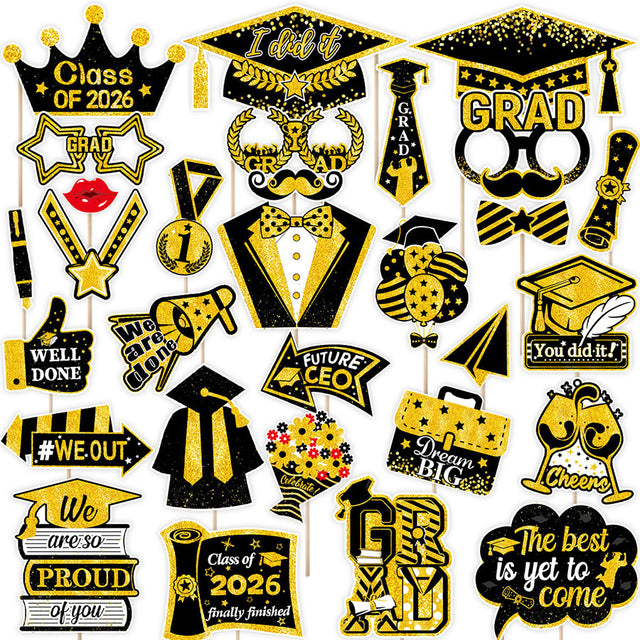 Collection of graduation-themed photo booth props with black and gold colors.