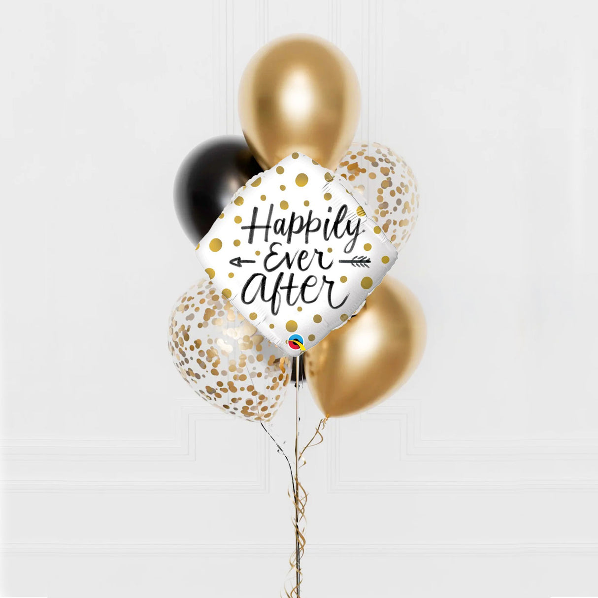 Balloon bouquet with 'Happily Ever After' balloon.