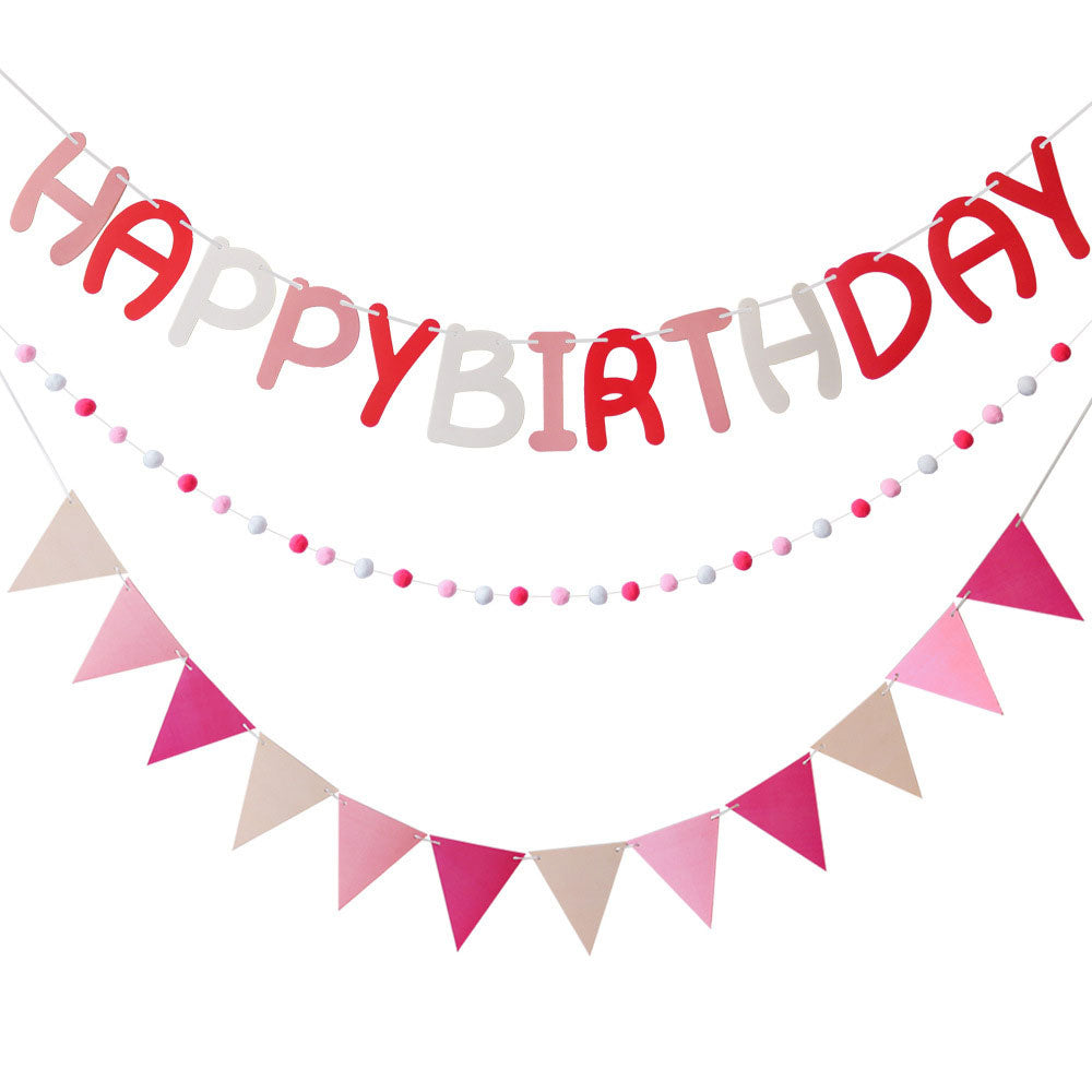 <p>A decoration set to make your birthday backdrop an impressive one for the cake cutting session.</p> <p>Sweet and lovely pink and white coloured "Happy Birthday" letter banner , a flag banner, and fur balls with matching colors</p>