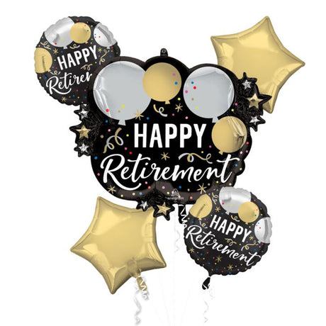 A set of five 'HAPPY Retirement' foil balloons arranged on a plain white background. The design features a large central cluster shaped like a head silhouette with three balloon windows, flanked by two star-shaped balloons and two smaller round balloons.
