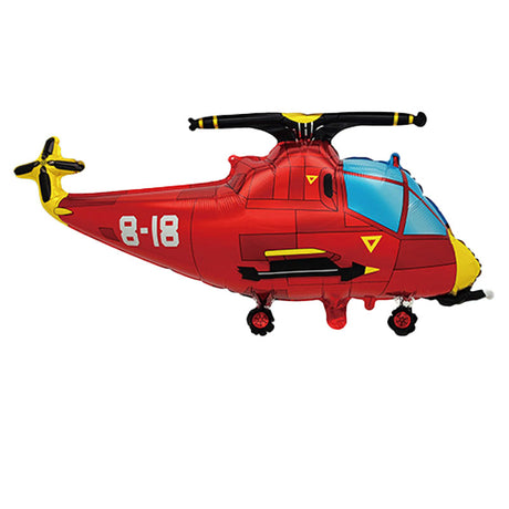Red helicopter-shaped balloon with yellow accents on a white background