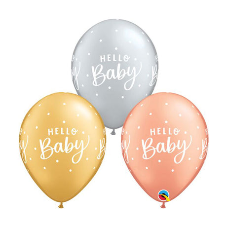 11" Hello Baby Latex Balloons (5PC) in silver gold and rose gold.