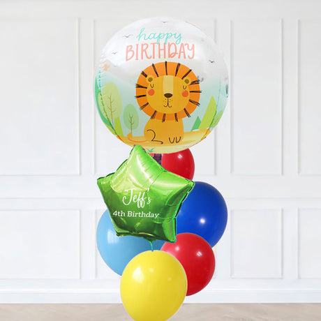 Colorful birthday balloons with a lion design and personalized text against a white background
