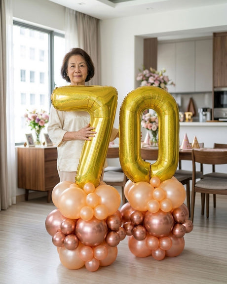 Dual Gold Number Balloon Column in Chrome Rose Gold