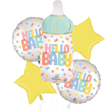 Set of baby shower balloons with 'Hello Baby' text and star shapes on a white background