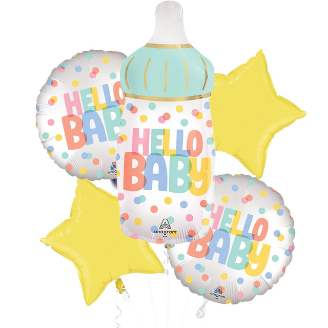 Set of baby shower balloons with 'Hello Baby' text and star shapes on a white background
