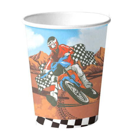 Paper cup with motocross design featuring a rider and bike on a desert track.