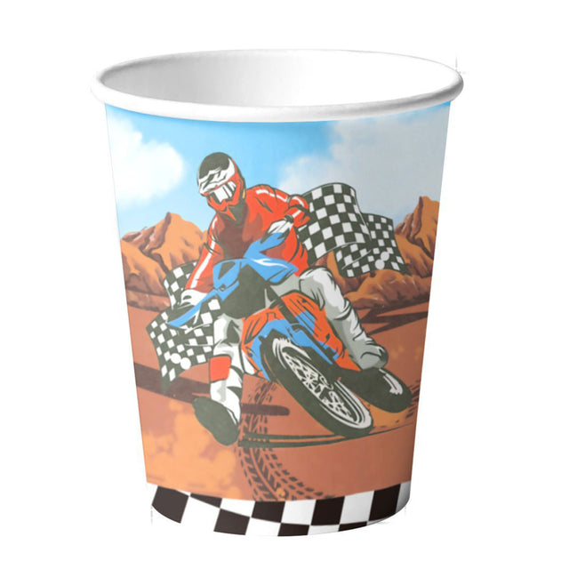 Paper cup with motocross design featuring a rider and bike on a desert track.