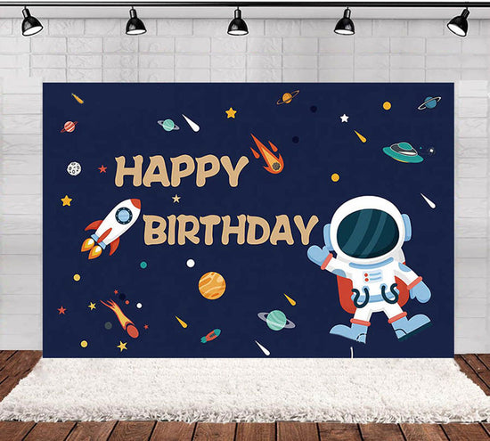 Load image into Gallery viewer, Astronaut Outerspace themed large fabric banner for birthday backdrop.
