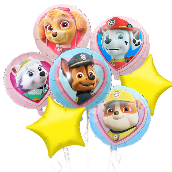 Paw Patrol Gang Balloon Bouquet with paw patrol party with a balloon with Chase, Marshall, Rubble, Skye and Everest.