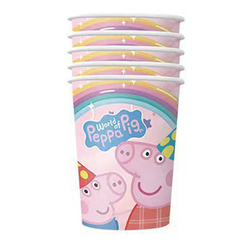 Stack of Peppa Pig-themed paper cups on a white background