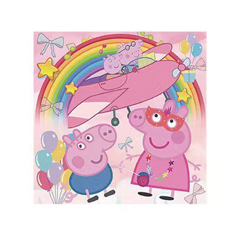 Peppa Pig and George Pig under a rainbow with balloons on a pink background