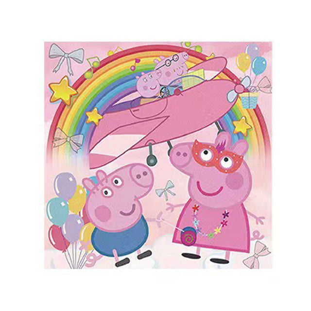 Peppa Pig and George Pig under a rainbow with balloons on a pink background