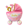 A pink baby shower balloon shaped like a stroller, with the word 'Baby' printed in gold on the front. The stroller has pink and white stripes, a gold trim along the canopy, and three pink star balloons floating above.