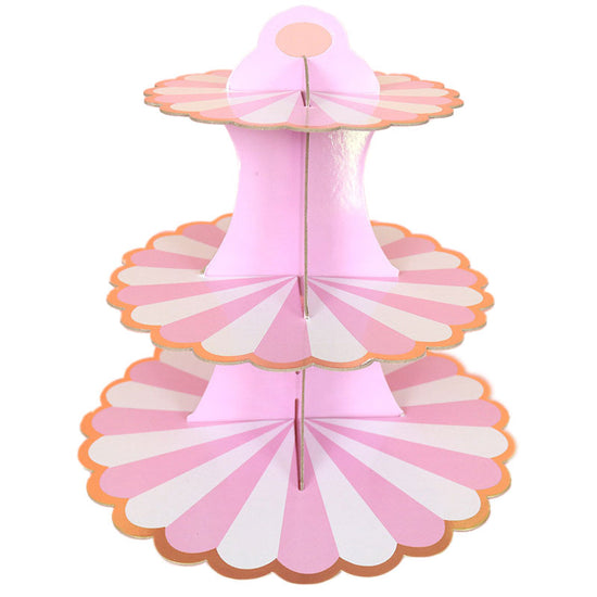 Create a tower of treats with this gold & pink stripes cupcake stand! Able to hold 24 standard sized cupcakes. This 3-tier cardboard cupcake stand measures 28cm high. Diameters for 1st tier, 2nd tier and 3rd tier are 20cm, 25cm and 30cm respectively. 