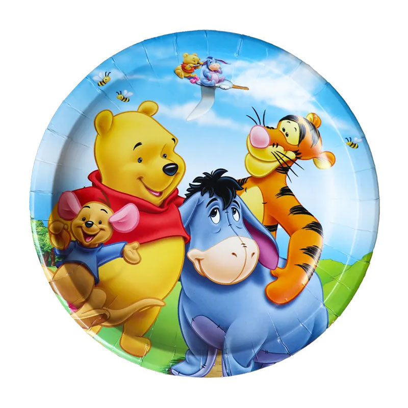 Load image into Gallery viewer, Brightly coloured party plates featuring Winnie the Pooh, Tigger, Eeyore and Roo! Have a great Pooh birthday party!
