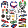A set of colorful race car and racing-themed party cutout signs on sticks, including a helmet, racing goggles, checkered face mask, speed number, traffic light, trophy, steering wheel, flags, cars, and a speed sign, all arranged on a white background.