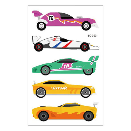 Four colorful race car tattoos on a white background