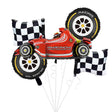 F1 Red Ferrari racing car balloon with checkered flags and tires on a white background