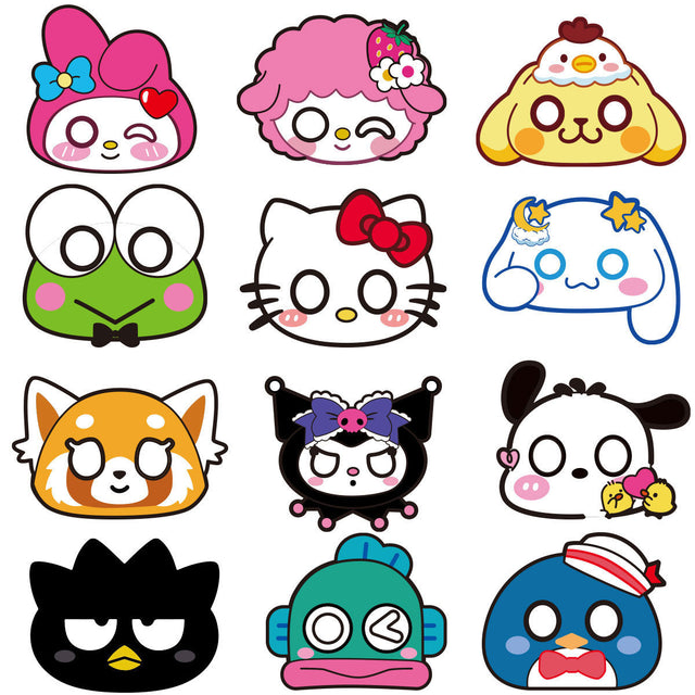 Collection of colorful SAnrio cartoon character heads arranged in a grid on a white background.