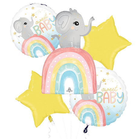 Set of baby-themed balloons with elephants, rainbows, and stars.