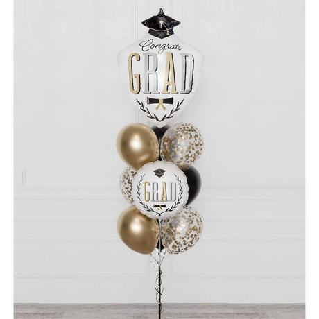 Graduation-themed balloons with 'Congrats Grad' text against a white background