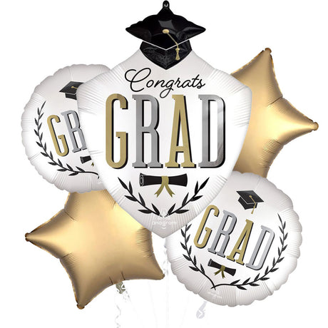 Graduation-themed balloons with 'Congrats GRAD' text on a white background