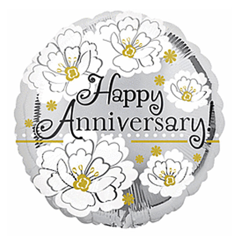 Decorative balloon with 'Happy Anniversary' text and floral designs on a white background