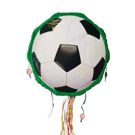 Soccer ball-shaped pinata with green border on a white background