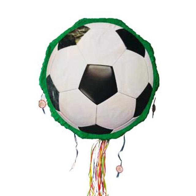 Soccer ball-shaped pinata with green border on a white background