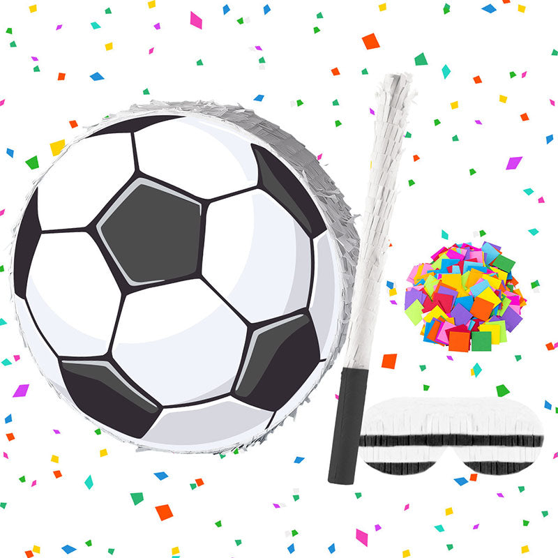 Soccer-themed party supplies including a balloon, noisemaker, and confetti on a white background with colorful confetti.