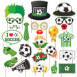 A set of soccer-themed photo booth props on wooden sticks, including a top hat with a soccer ball, soccer glasses, a mustache, a green tie, clock-shaped glasses, red lips, a soccer ball trophy, a striped jersey, a megaphone, a whistle, a football, a goal graphic, beer mugs, and a number 1 foam finger.