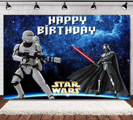 Transform your birthday cake table backdrop with the Star Wars Fabric Backdrop Banner. Featuring Darth Vader and Stormtrooper.