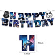A Star Wars themed birthday banner featuring the words 'HAPPY BIRTHDAY' with flags decorated with characters from the series, including a Stormtrooper and Darth Vader.