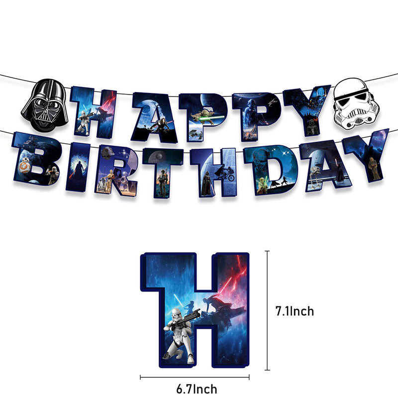 A Star Wars themed birthday banner featuring the words 'HAPPY BIRTHDAY' with flags decorated with characters from the series, including a Stormtrooper and Darth Vader.