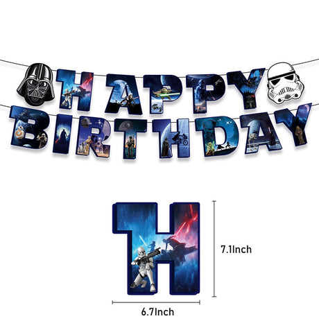 A Star Wars themed birthday banner featuring the words 'HAPPY BIRTHDAY' with flags decorated with characters from the series, including a Stormtrooper and Darth Vader.