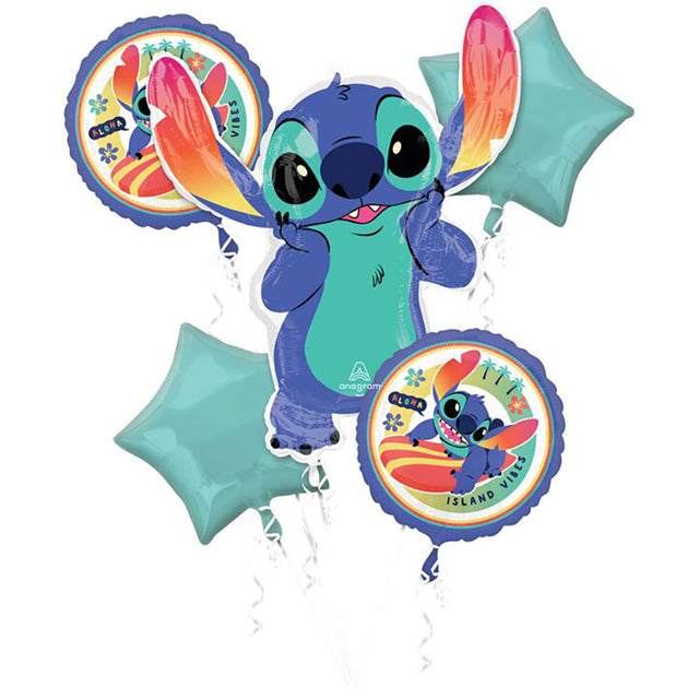 A bouquet of balloons featuring characters from Lilo & Stitch, including a Stitch-shaped balloon, two round balloons with the movie's theme, and two star-shaped balloons.