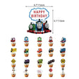 Thomas the Tank Engine themed cupcake toppers displayed on a white background, including a large 'HAPPY BIRTHDAY' sign with character toppers and multiple small cupcake toppers featuring different train designs and signal signs. 