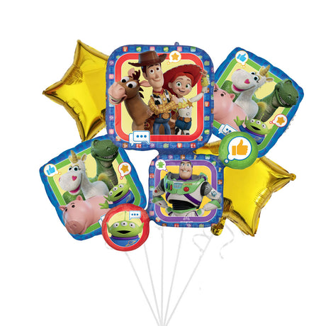 A set of Toy Story-themed foil balloons on a white background, including square panels with Woody, Buzz Lightyear, Jessie, and friends, plus two gold star balloons.