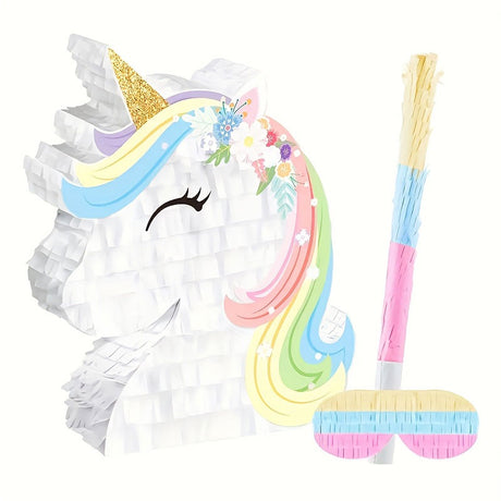 Unicorn-shaped pinata with colorful design on a white background