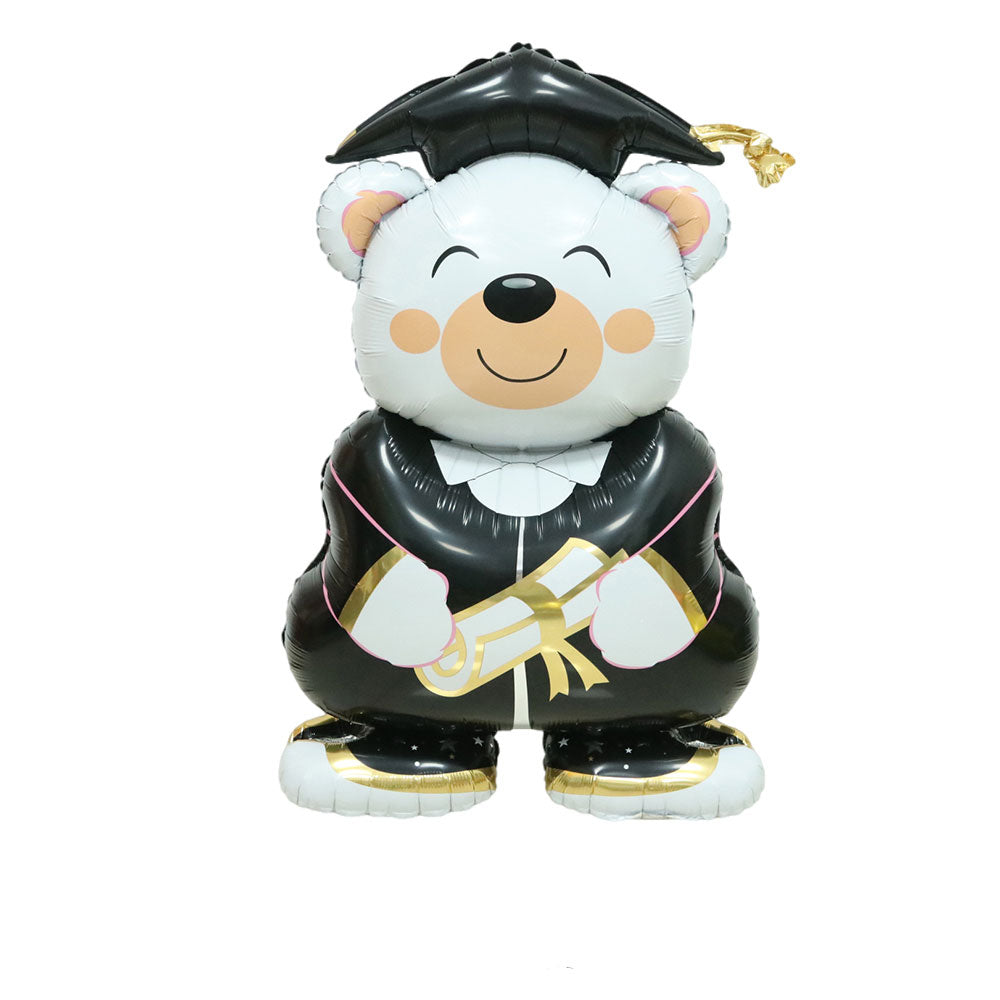 Graduation-themed balloon bear with a black cap and gown on a white background