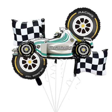 White Mecedes F1 Racing car balloon with checkered flags and tires on a white background