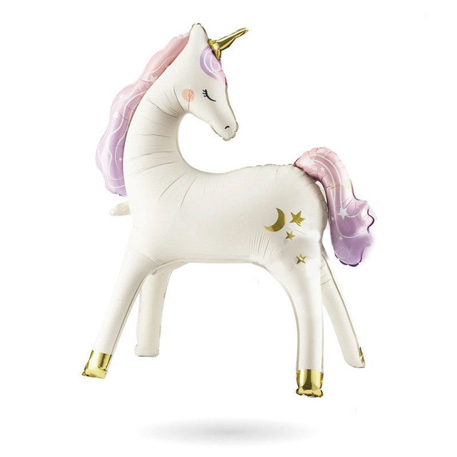 Unicorn-shaped plush toy with gold hooves and a pink mane on a white background