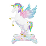 Colorful unicorn-shaped balloon with rainbow mane on a white background