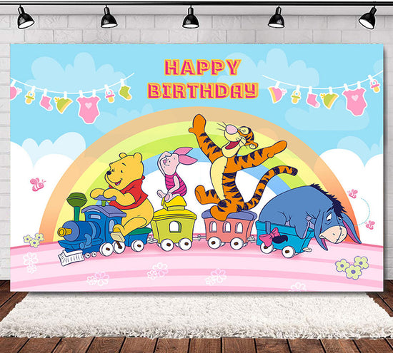 Winnie the Pooh , Tigger, Piglet and Eeyore featured in this Pooh Bear themed Birthday Party Fabric Backdrop Banner.