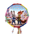 Pinata with cartoon characters from 'Zootopia' holding a cake against a colorful background.
